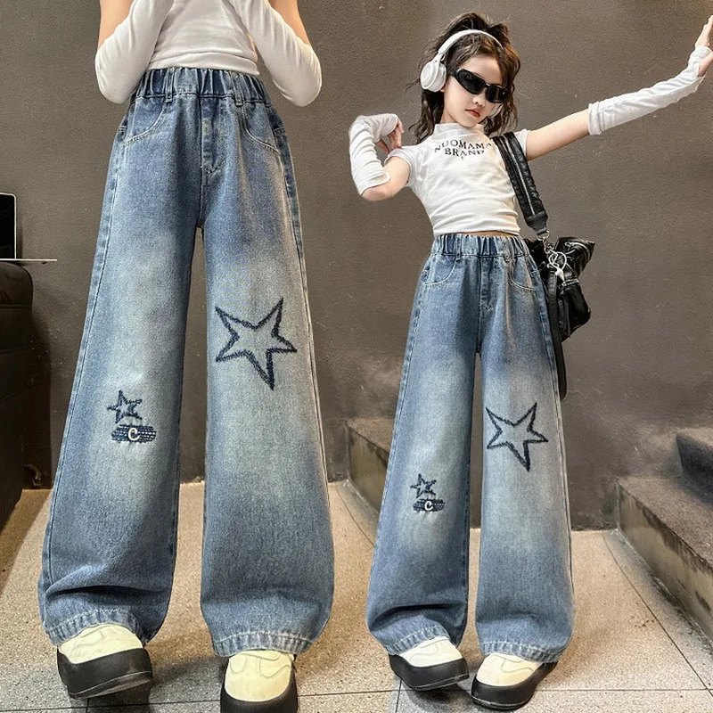 New  Autumn Teenager Girls Jeans with Five-Pointed Star Pattern Children Wide Leg Denim Pants Spring Baggy Trousers for Kids