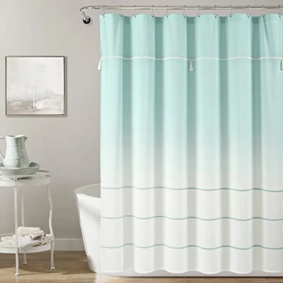 

Ombre Embroidery Tassel Cotton Shower Curtain Single 72" W x 72" L - Blue Shower Curtains for Bathroom - Ombre Bathroom Curtain