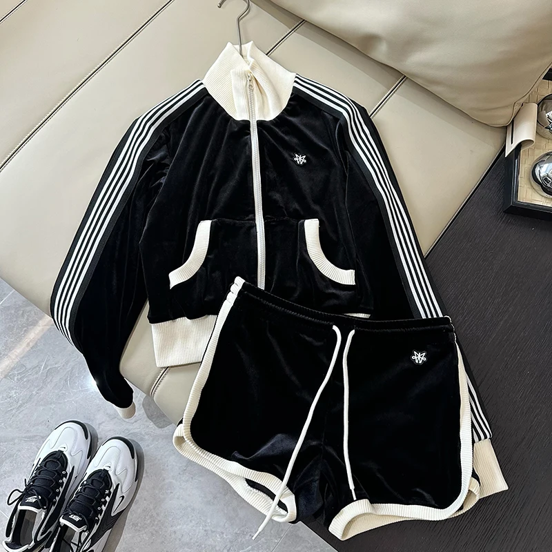 LUZHEN Color Contrast Stripe Printed Long Sleeve Sports Jacket Casual Shorts Women\'s 2024 Fashion Female Two-piece Sets AA1432