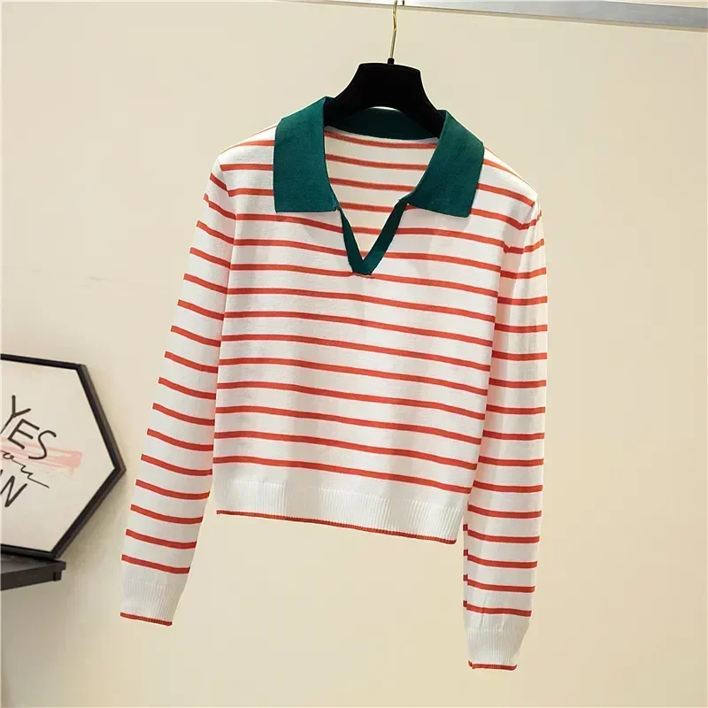 Women\'s Striped V-neck Pullover Polo Sweater Early Autumn All-match Tops Long-sleeved Knitted Bottoming Sweaters Jumpers New