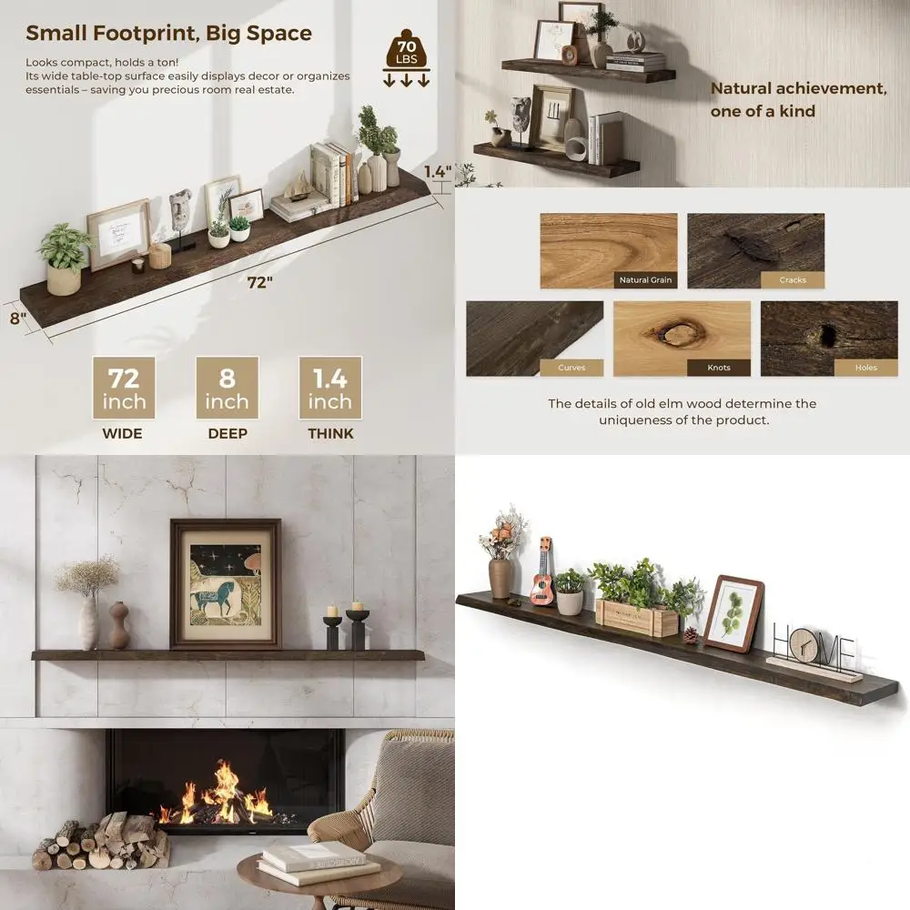 

72 Inch Solid Elm Wood Live Edge Floating Shelves, Suitable for Living Room, Bedroom, Kitchen, and Bathroom