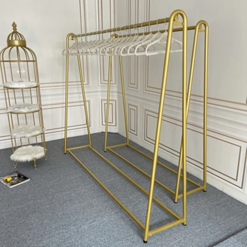 Online celebrity gold hanger clothing store display rack, floor mounted iron children's clothing rack, women's clothing rack