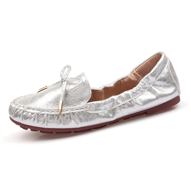 gold/silver sequined foldable ballet shoes woman bowtie flats glitter leather bow espadrilles women loafers schoenen vrouw