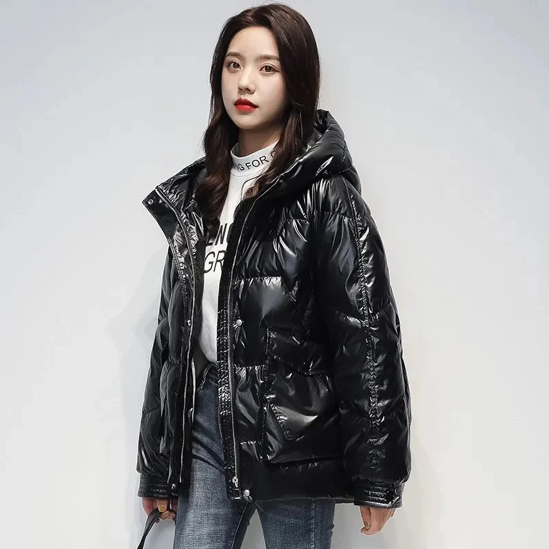 Chaqueta cálida para mujer, abrigo con capucha acolchado de algodón brillante, chaquetas informales gruesas Parker a prueba de viento y lluvia para invierno 2025