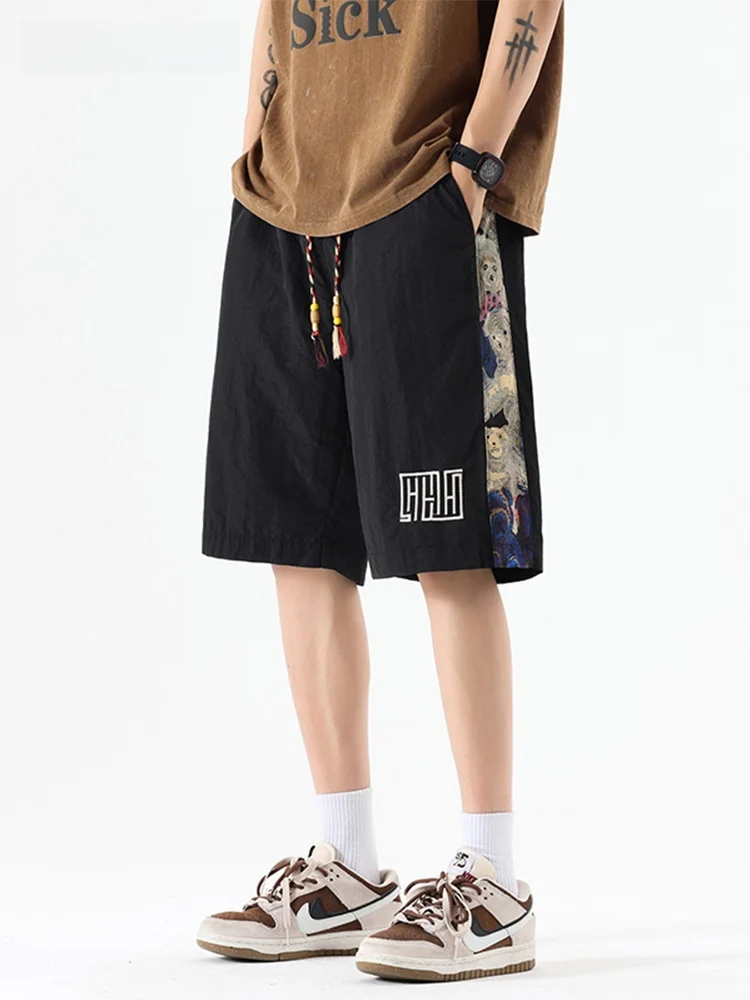 

ProteusBoy Men's Summer Casual orts Embroidered Bear Straight Leg Five-Quarter mid Waist Pants Faionable Loose Fit Polyes...