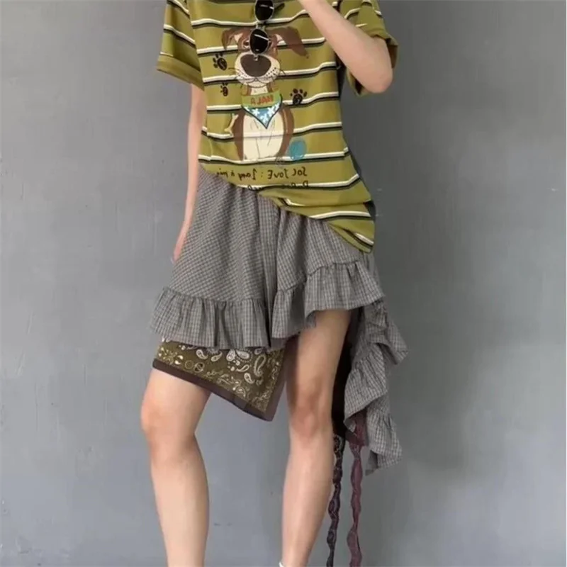 

Новая летняя асимметричная мини-юбка женская элегантная клетчатая юбка с рюшами и принтом кружевные лоскутные повседневные юбки уличная одежда