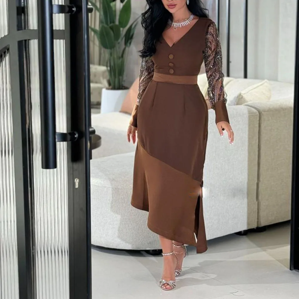 

Customized Brown Asymmetrical Prom Dresses V Neck Sequin Full Sleeve Formal Cocktail Gown Patch Match Casual Dress for Women