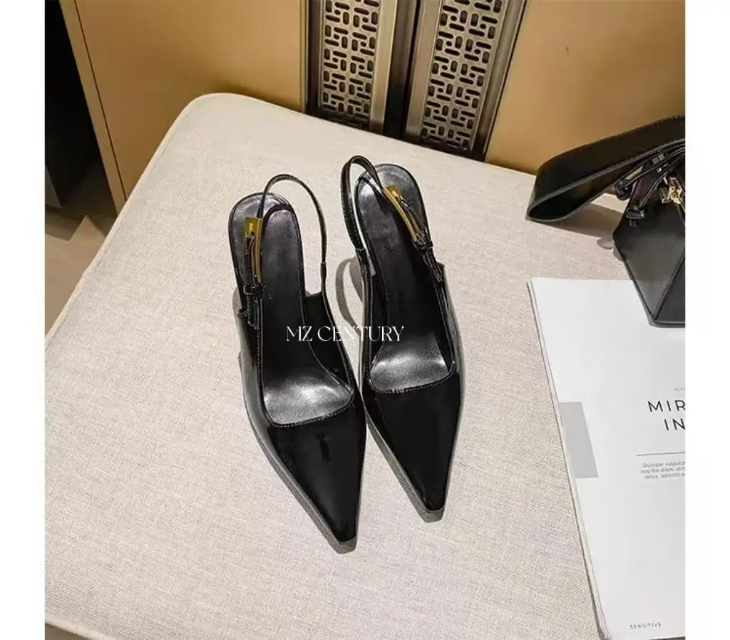 

New black high-heeled pointed sandals with high-end and sexy patent leather toe caps