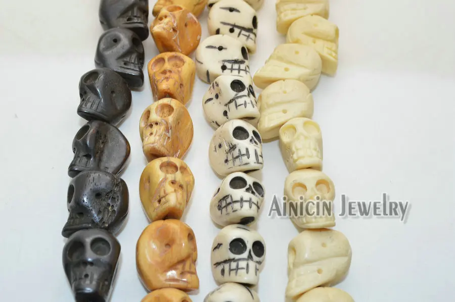 Many Size Genuine Ox Bone Black White Yellow Color Skull Head Carved Strand Loose Beads DIY Jewelry Making Findings 19~50pcs/lot