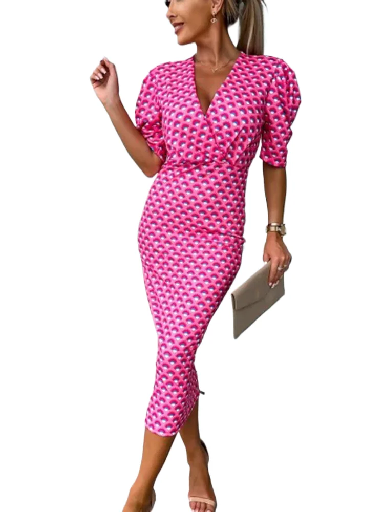 

Spring Summer Sexy Deep V Neck Package Dress Woman Fashion Elegant Slim Short Sleeve Print Dresses For Women 2023