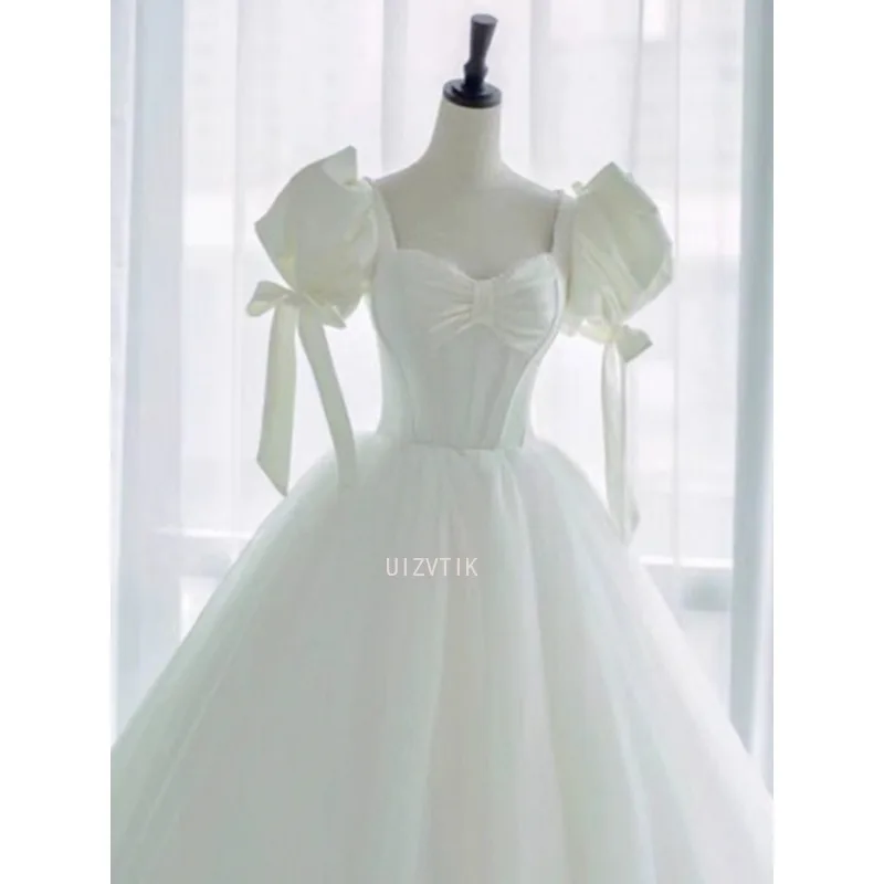 Gaun Pengantin Putri Manis Elegan Putih Gaun Pengantin Panjang Pergelangan Kaki Lengan Puff Pita Wanita Gaun Pesta Malam Formal Wanita