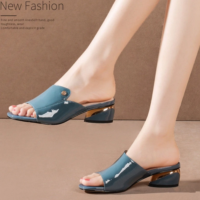 Summer Fashion Slippers For Woman Sexy Blue Pu Soft Leather Female Flipflop Low Heels Slides Shoes For Girls Comfortable Sandals