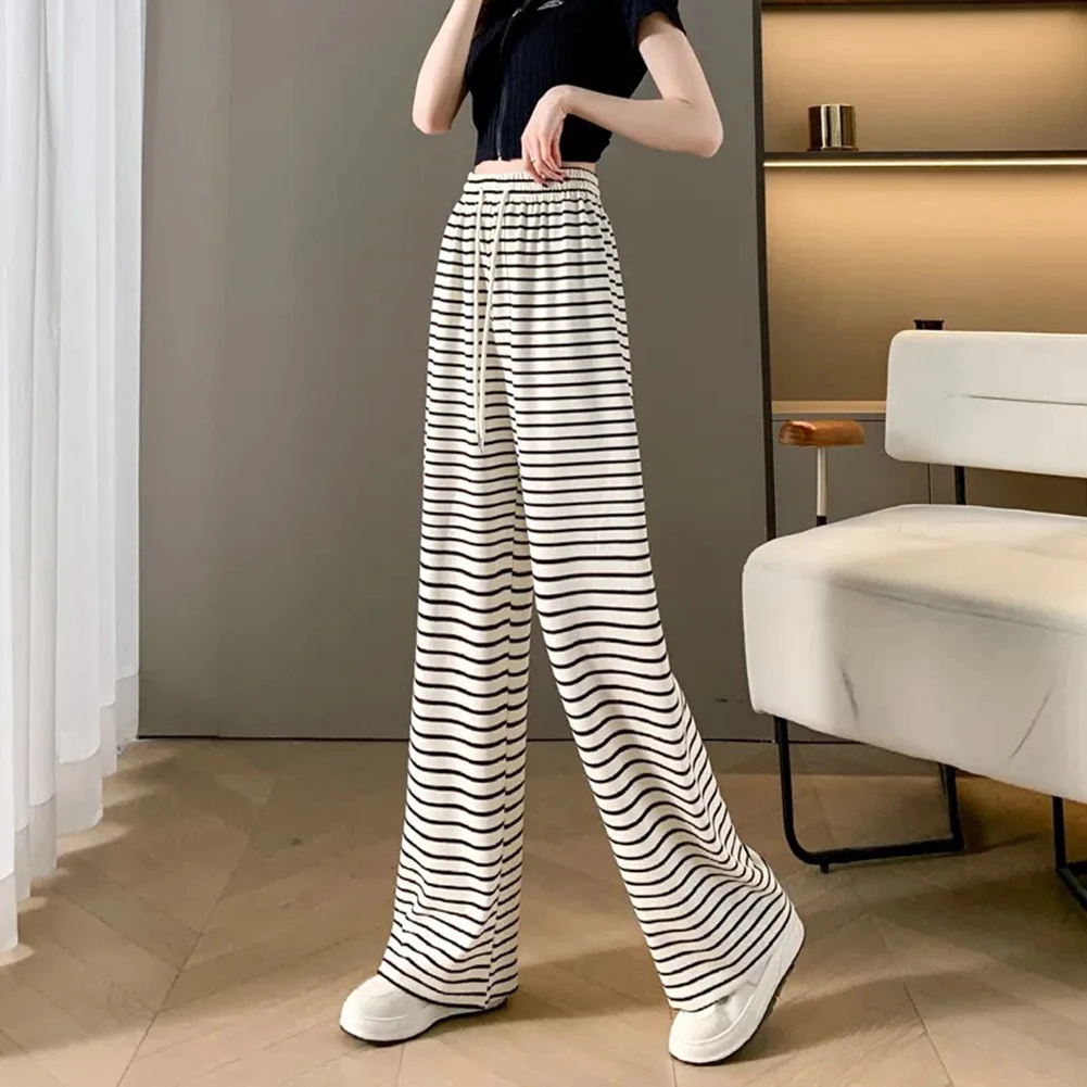 캐주얼웨어 스트리트 스타일 스트라이프 팬츠 레귤러 길이 바지 세련된 데일리웨어 바지 여성용 흰색 편안한 착용감
