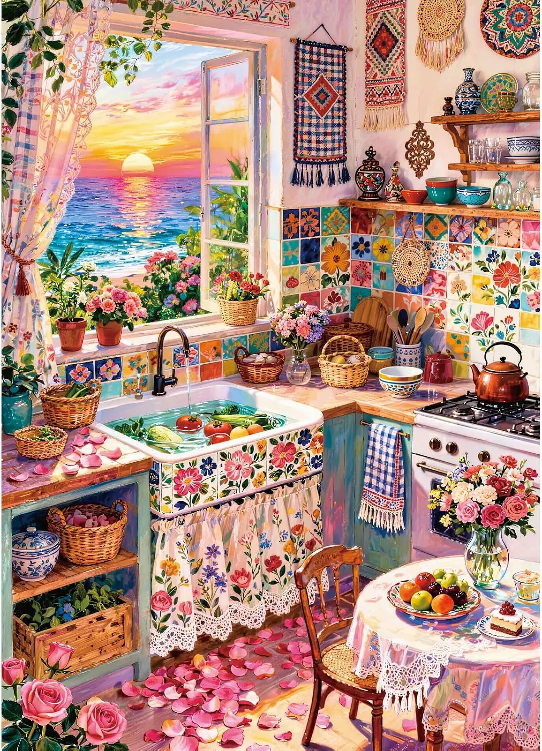 Bohemian Seaside Kitchen Sunset View Jigsaw Puzzle Colorful Floral Pattern Paper Puzzle Home Decor Family Game Adult Gift