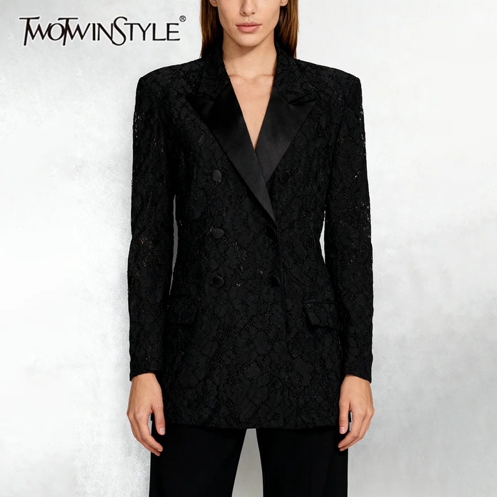

TWOTWINSTYLE элегантный кружевной пиджак для похудения, туника с длинными рукавами и лацканами, женская модная одежда