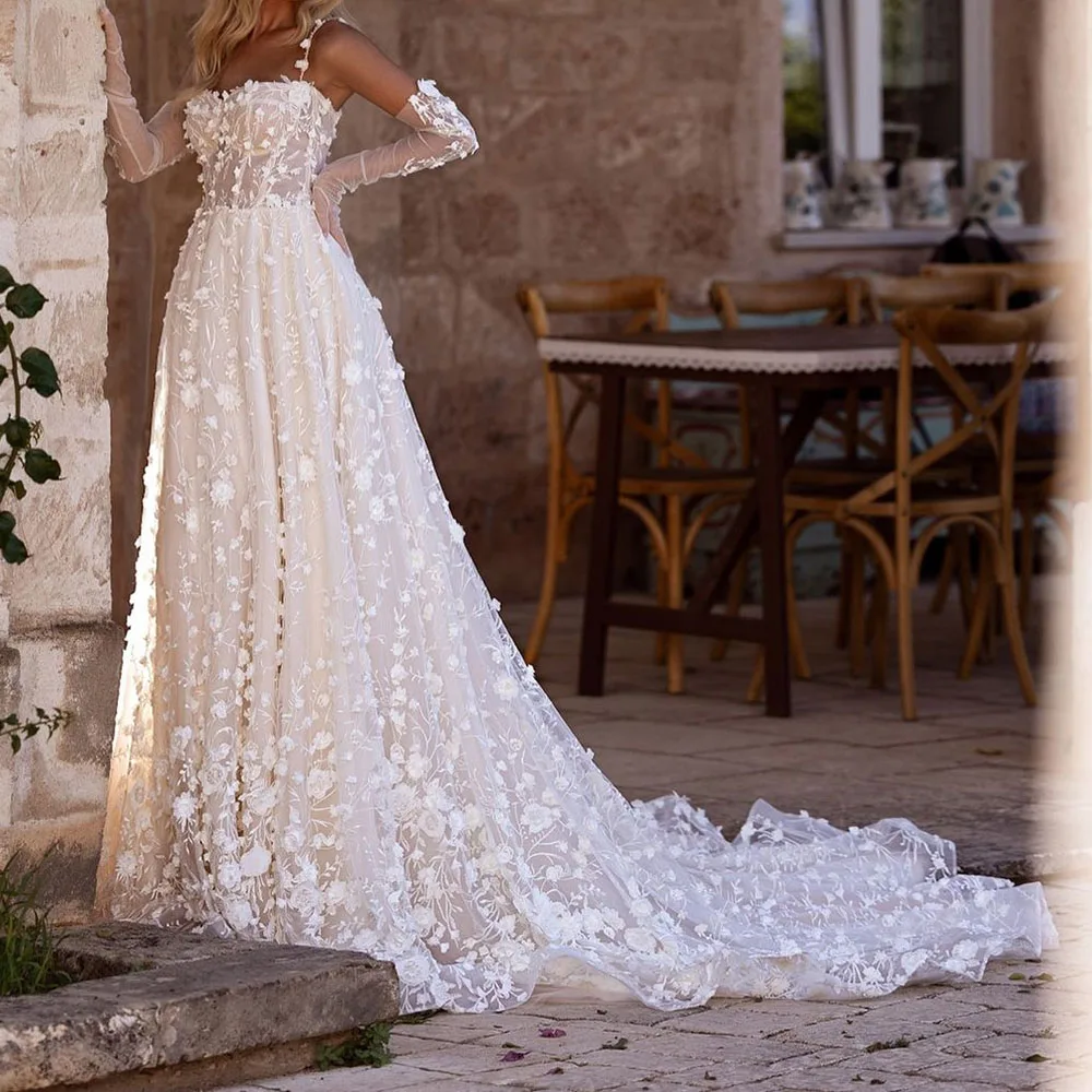 

Gorgeous Lace Wedding Dresses Spaghetti Strap Appliques Chapel Train Without Gloves Princess Formal Occasion Dress Vestidos 2024