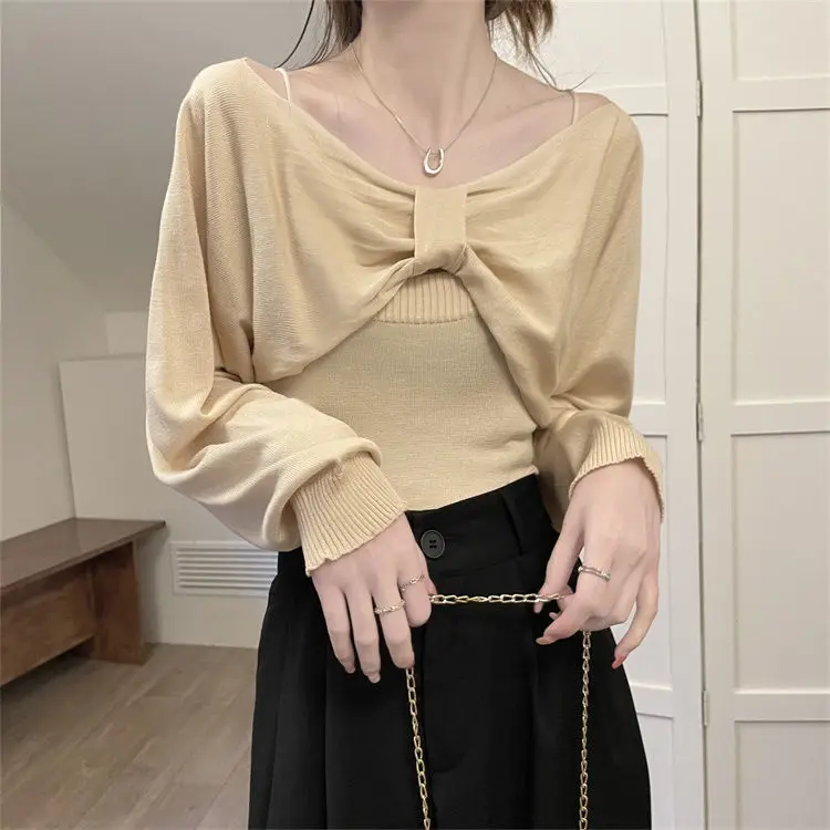 Autumn Winter Casual Sexy Sweet Pullover Women\'s Loose Gentle Versatile Warm Button Bow Tops Sweater One Shoulder Camisole