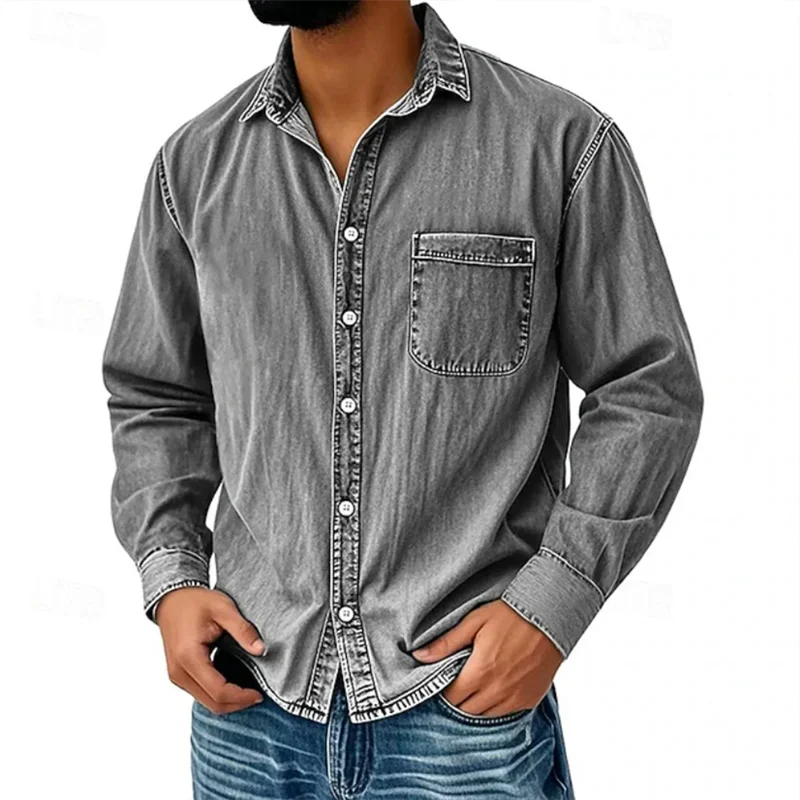 2026 Spring Autumn Men's Denim Shirts Long Sleeve American Safari Style Casual Shirt Cotton Male Solid Vintage Chic Cargo Blouse