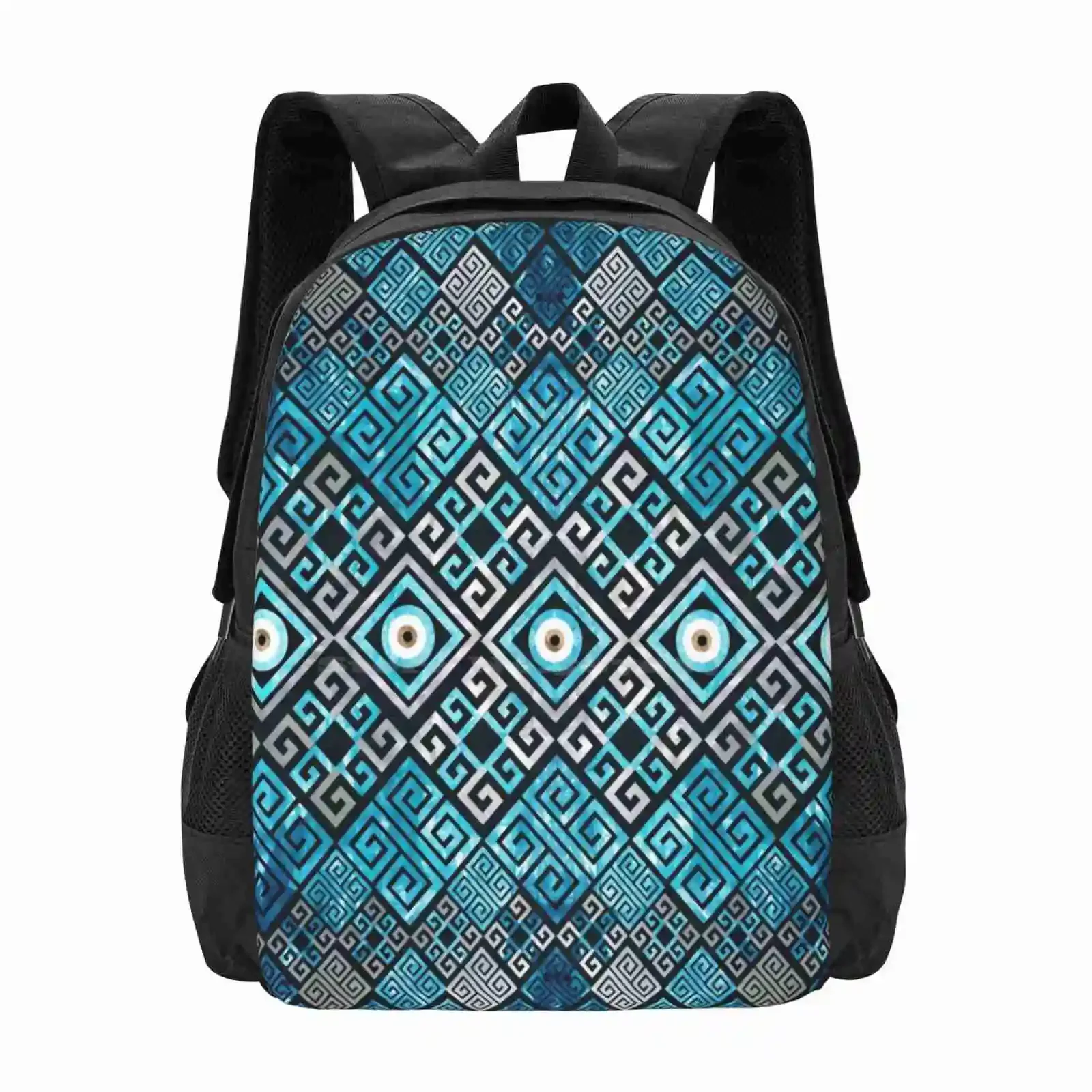 

Greek Evil Eye And Meander Key Ornament Hot Sale Schoolbag Backpack Fashion Bags Greek Meander Greek Mati Mati Mataki Matiasma