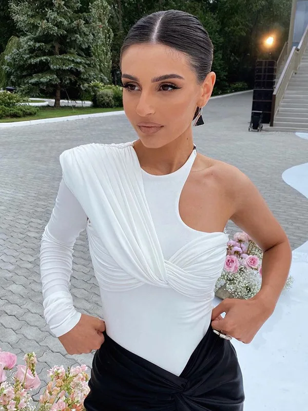 

Цветное боди с рюшами на одно плечо, однотонный плиссированный комбинезон на одно плечо, уличные брюки со средней талией, тонкая модель