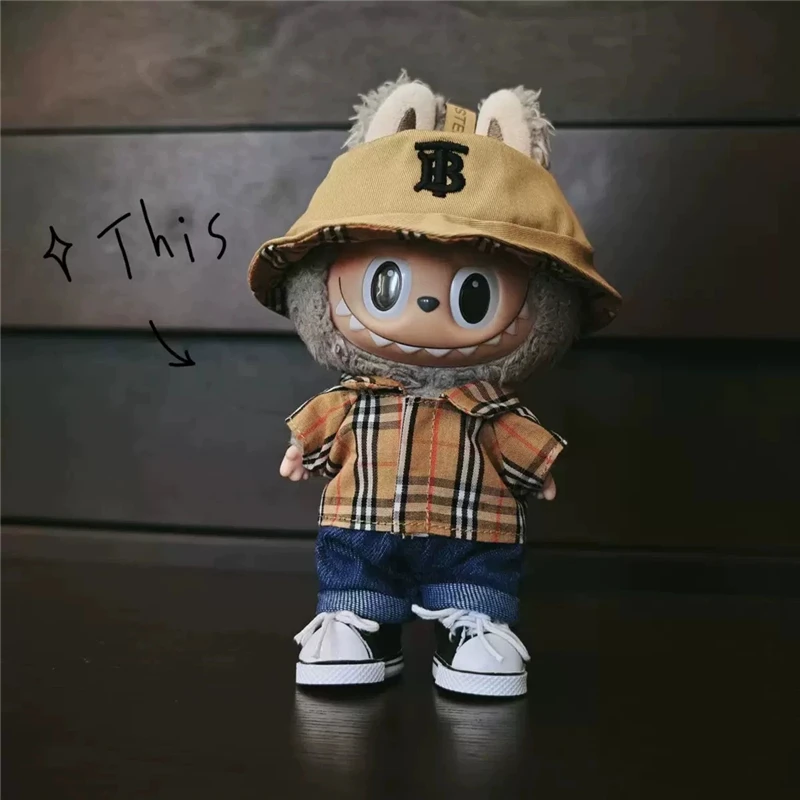 15 17cm For Labubu Doll Luxury Dress Skirt Outfit Clothing Classic Fisherman Hat Plaid Shirt Bag Shoes Set Clothes Accessories