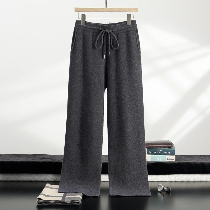 New 100% Cashmere Elastic-Waist Thickened Wide-Leg Men's Casual Fashion Long Pants Autumn Winter Warm Comfortable Knitted Pants