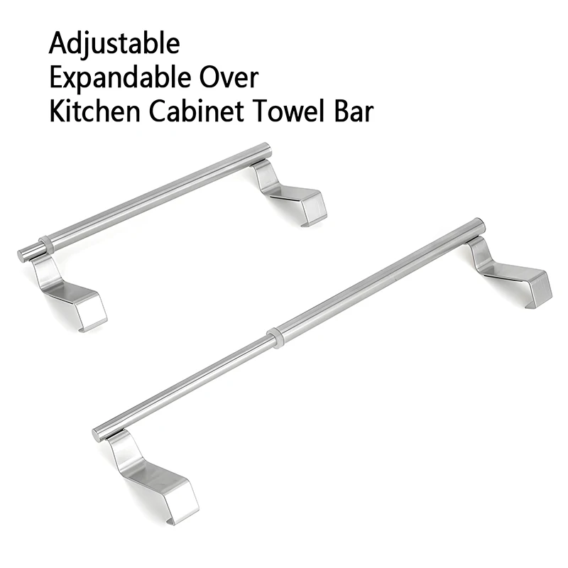 

Adjustable, Expandable Over Kitchen Cabinet Towel Bar Rack - Hang on Inside or Outside of Doors, Hold Hand, Dish, Tea Towels