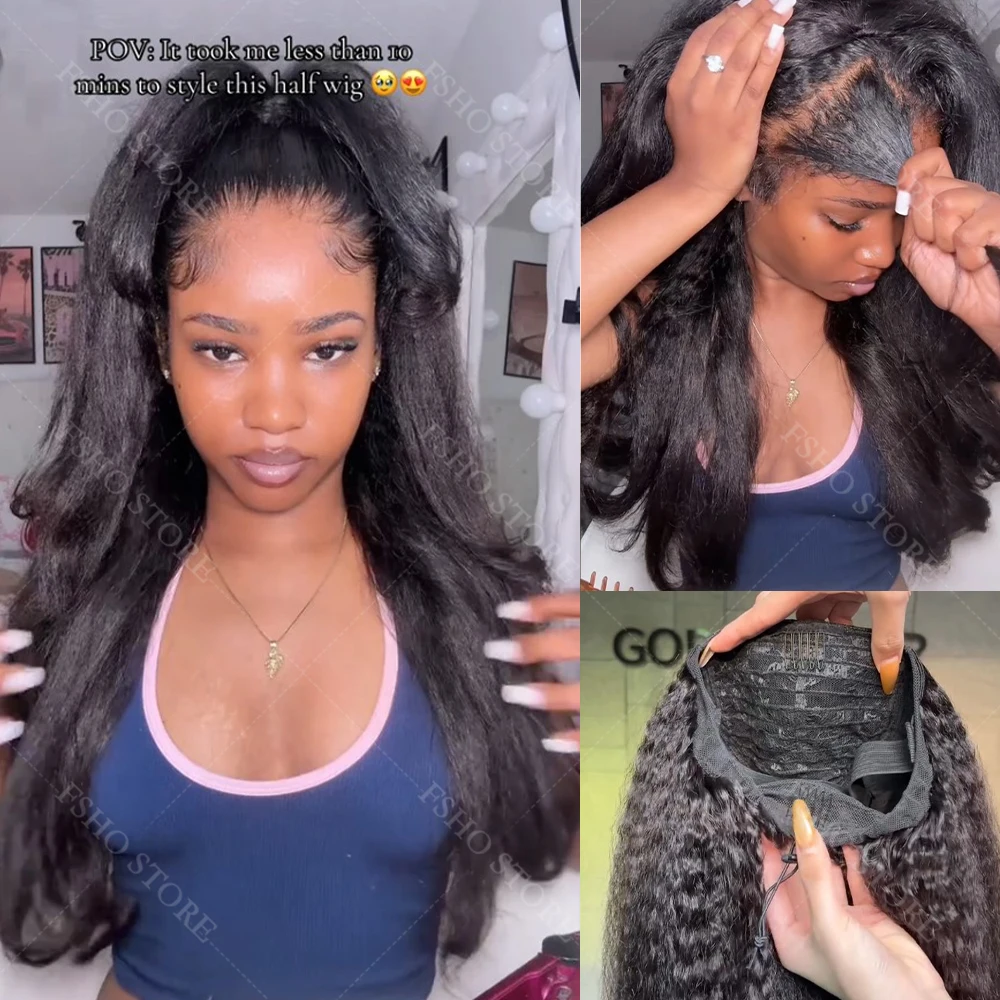 

250% Density Kinky Straight Half Wigs Human Hair Upgrade No Leave Out Glueless Wig With Drawstring Yaki Wave Flip Over Half Wigs