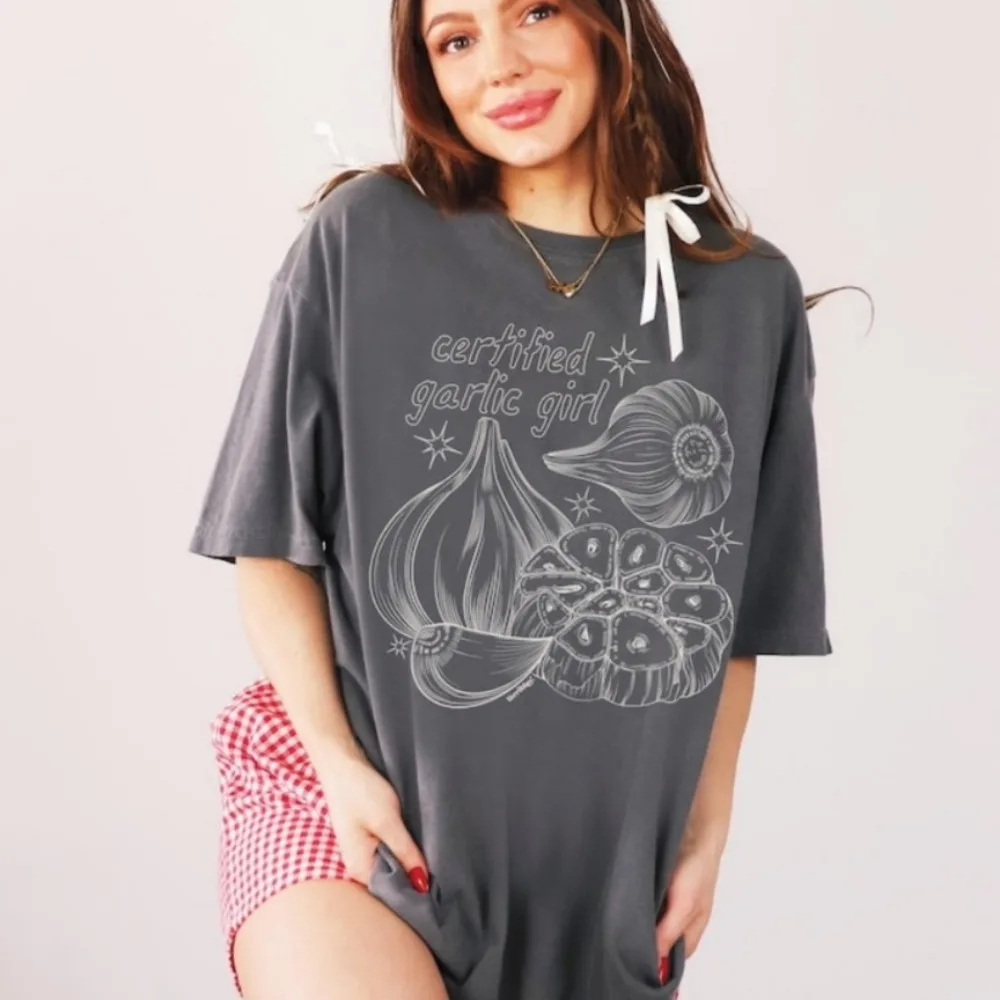 T-shirt per ragazza con aglio certificato T-shirt Harajuku con grafica alimentare alla moda Top in cotone di alta qualità Y2k Ropa Mujer Abiti estetici