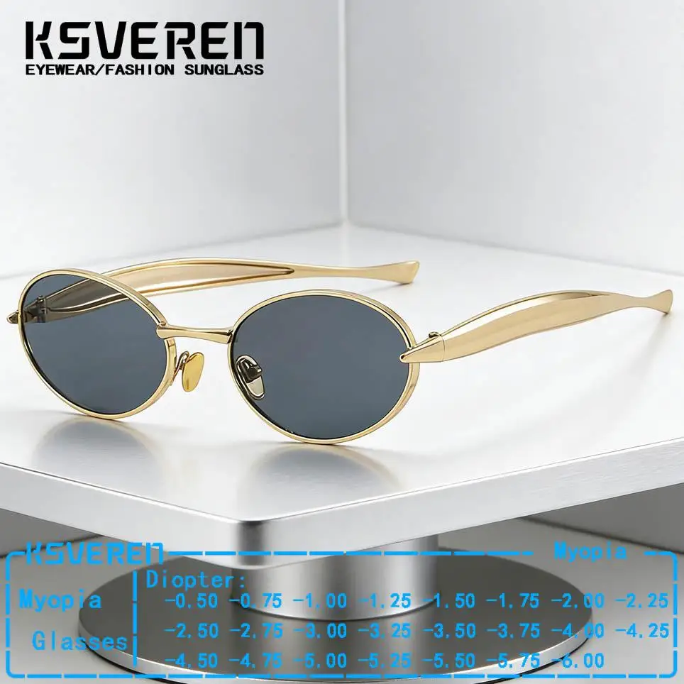 Metal Oval Myopia Sunglasses Women Small Frame Tinted Prescription Nearsighted Glasses Negative Strength Outdoor Shade Glasses