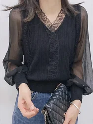 Women Spring Autumn Style Blouses Tops Lady Casual Long Sleeve V-Neck Lace Blusas Tops