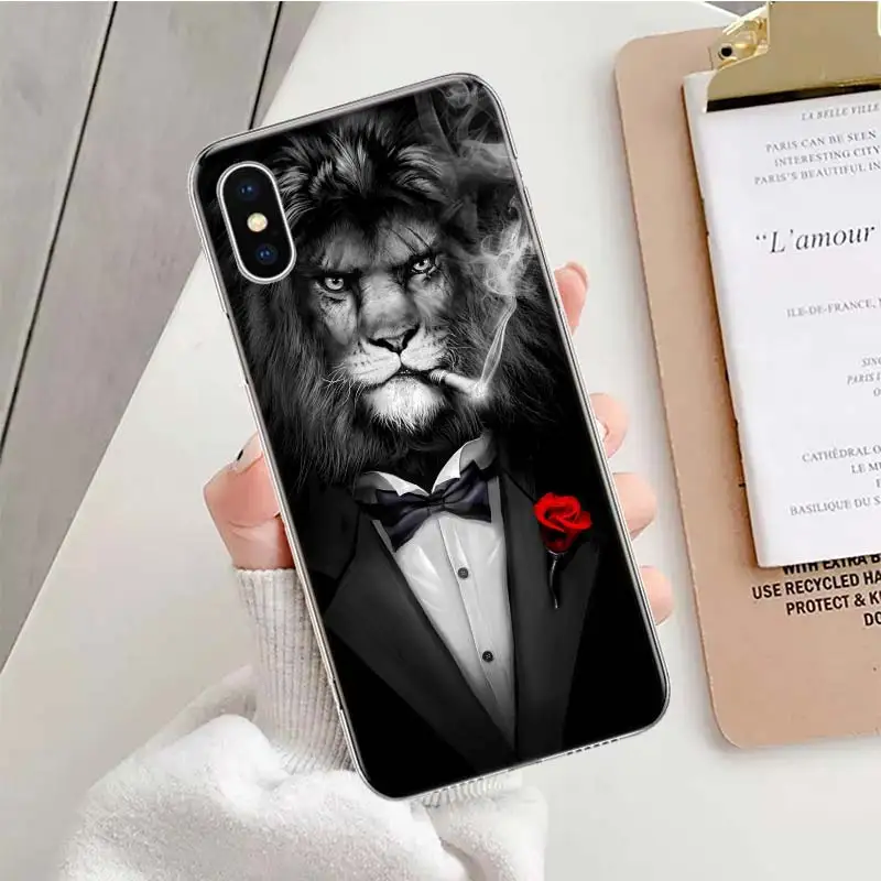 Lion Man Suit Shirt Tie Black Animal Soft Phone Case For IPhone 11 13 16 Pro MAX 15 + 14 Plus 12 Mini X XS Apple 8 7 SE Fundas C