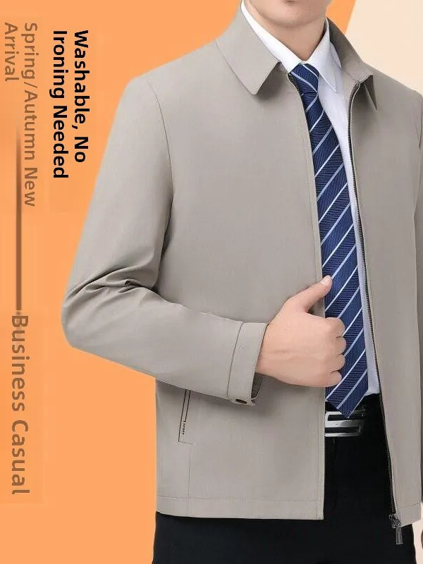 

New Men's Spring Autumn Silk Casual Thin Jaet Collar Busin Casual Dad Clothes Iron Free Long Sve Regular Length
