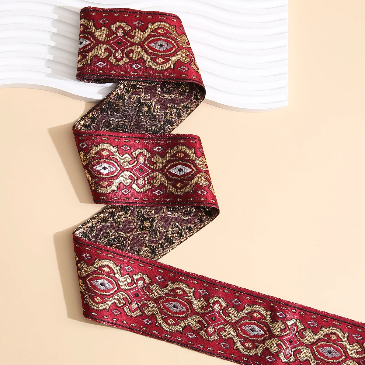 2 Meter 6cm Width Deep Red Wavy Fabric Embroidered Jacquard Ribbon For Wedding Dress Stage Costume Accessories DIY Lace Trim