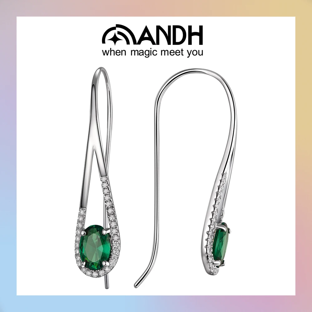 

ANDH Green Oval Zirconia Moissanite Long Wire Earrings Hypoallergenic 925 Sterling Silver for Women Light weight Hook Earring