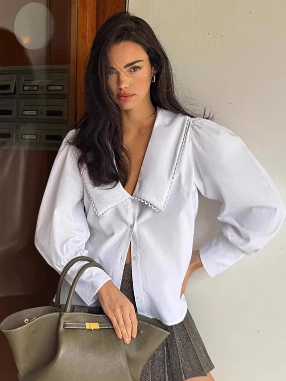 Luźna bluzka z falbankami dla kobiet, codzienna, z kołnierzykiem, długa bluzka, chińska marka, damska, premium, letnia moda.