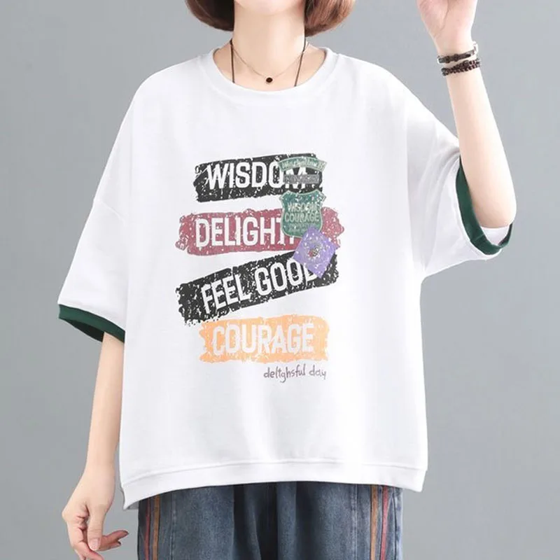 Female Korean Casual Letter Printed Round Neck T-shirt Summer Loose All-match Contrast Color Half Sleeve Tops Womens Clothing