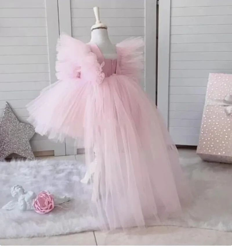 

Light Pink Flower Girl Dress Ball Gown Ruffle Sleeves Princess Birthday Party Gown Pageant Gown Kid First Communion Dress