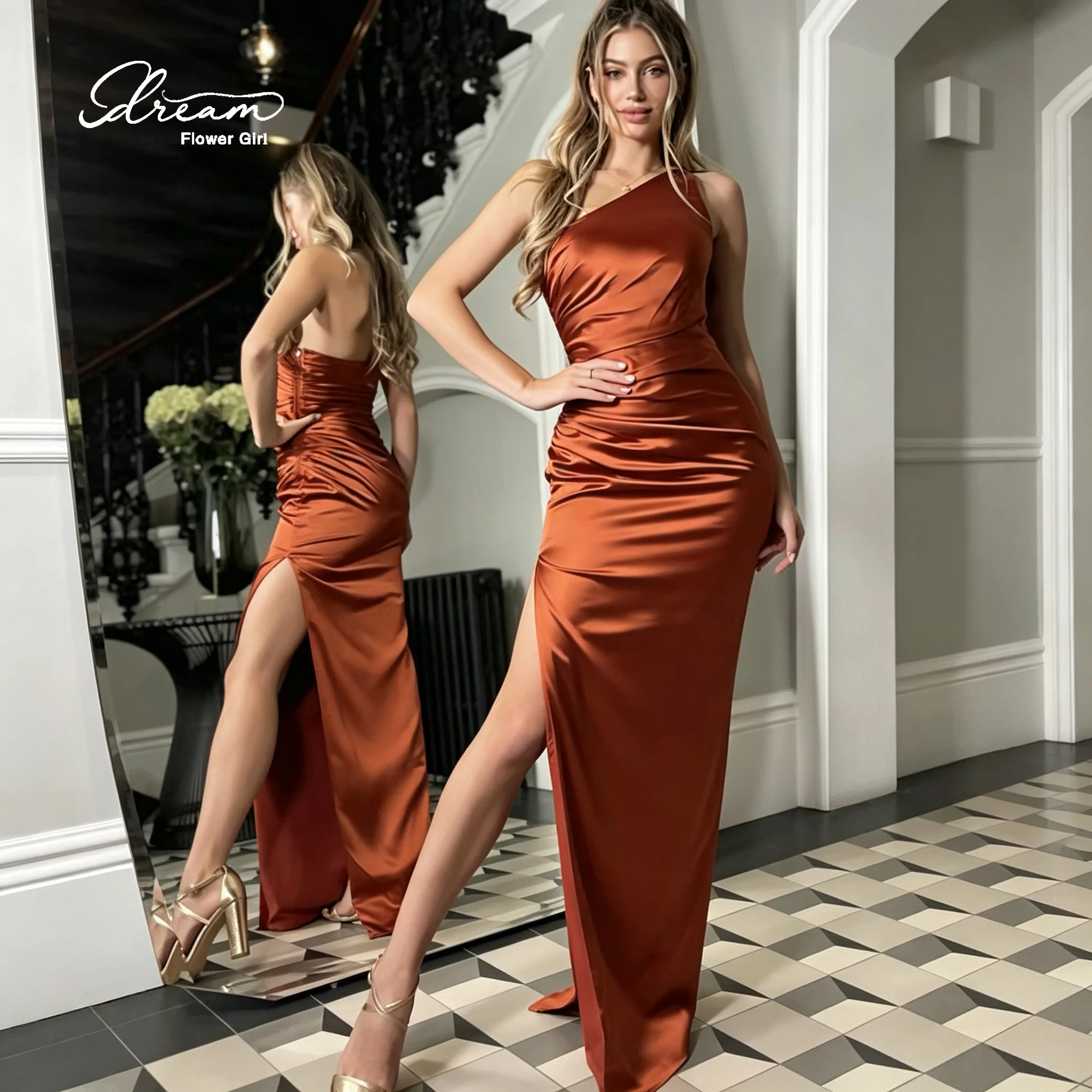Custom Color Satin Bridesmaid Dress One Shoulder Strapless Ruched Split Maxi Gown Mix Match Wedding Guest Evening Dress