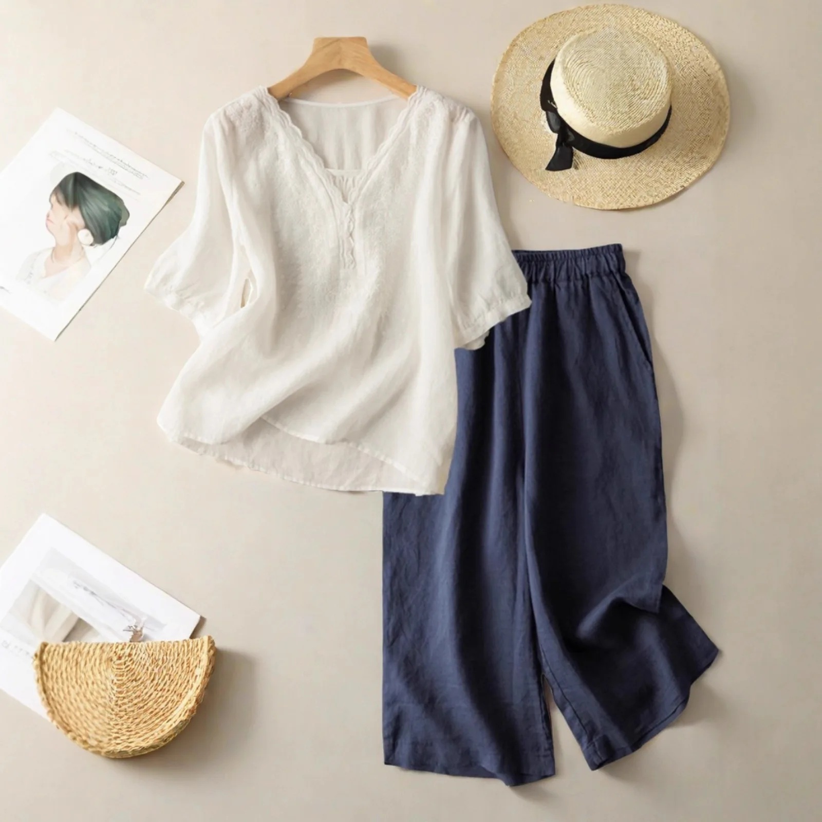 New Women's Summer Cotton Linen Two Piece Pajamas Set Large Size Age Reducing Top for A Stylish Look Outdoor wear 2XL Size Cozy