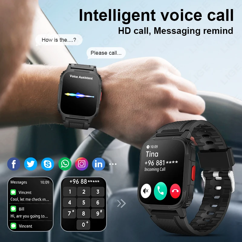 LIGE jam tangan pintar pria, panggilan Bluetooth suara baterai sangat panjang jam tangan jejak kesehatan tidur 1.95 inci layar HD olahraga
