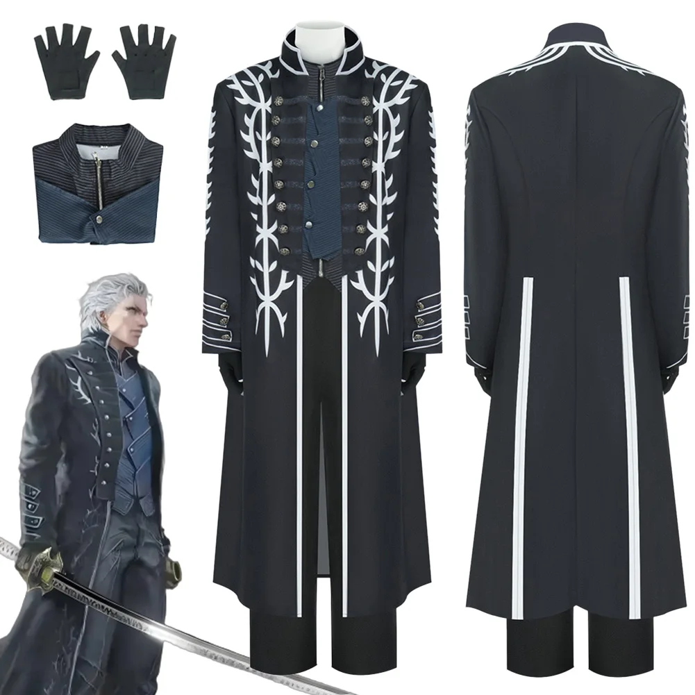 

Game DMC 5 Cosplay Vergil Black Top Pants Coat Cloth Party RolePlay Suit Outfits Hallowmas Costume Carnival For Men Male Adult