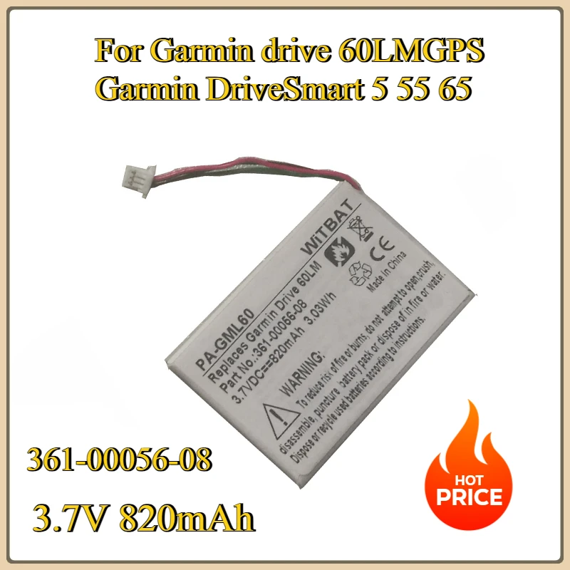 

New 3.7V 820mAh Replacement Battery 361-00056-08 for Garmin drive 60LMGPS Garmin DriveSmart 5 55 65 3-Wire Plug