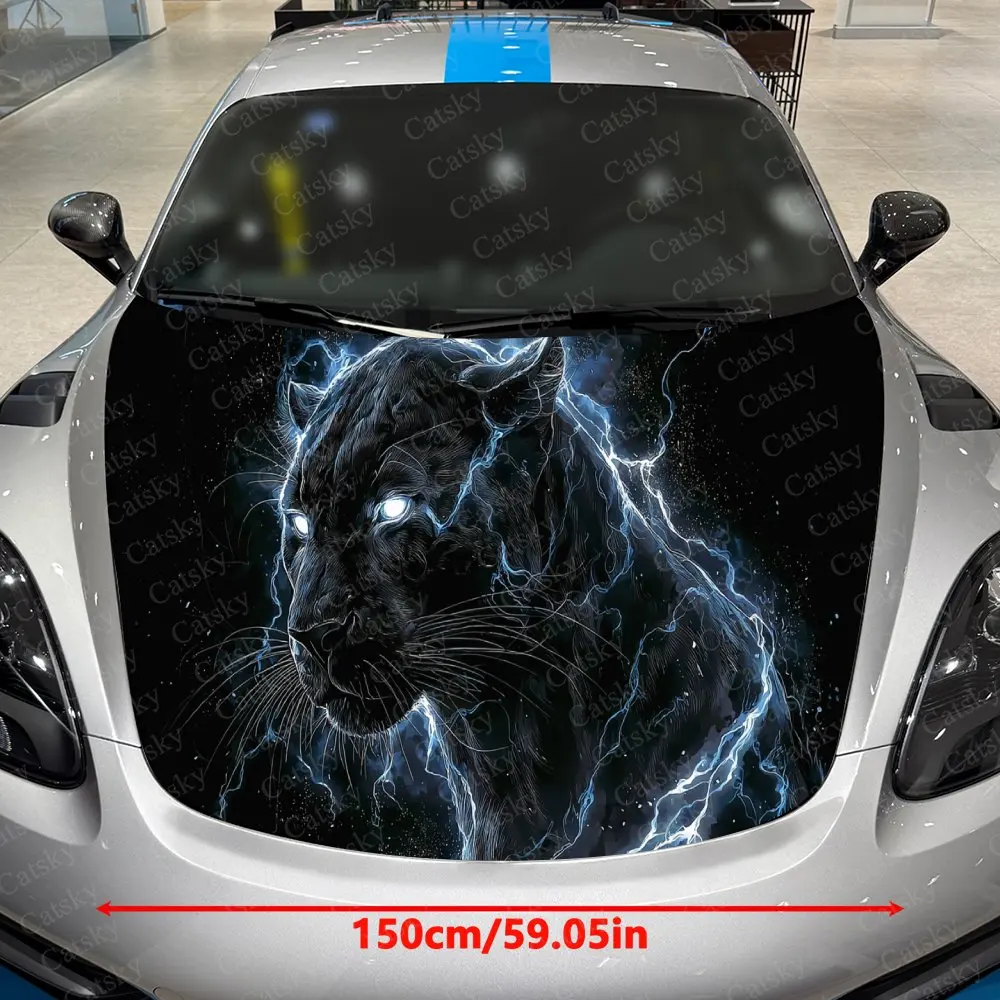 Teal Lightning Black Panther Car Vinyl Wrap, PVC Waterproof Car Hood Sticker, Self-Adhesive Scratch-Resistant Stickers