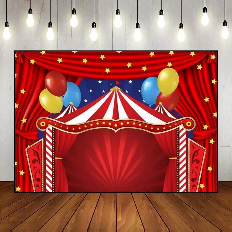 Party Wand Zirkus Thema Dekoration Fotografie Hintergrund Karneval Karussell Foto Banner Benutzerdefinierte Alles Gute zum Geburtstag Hintergrund Zelt