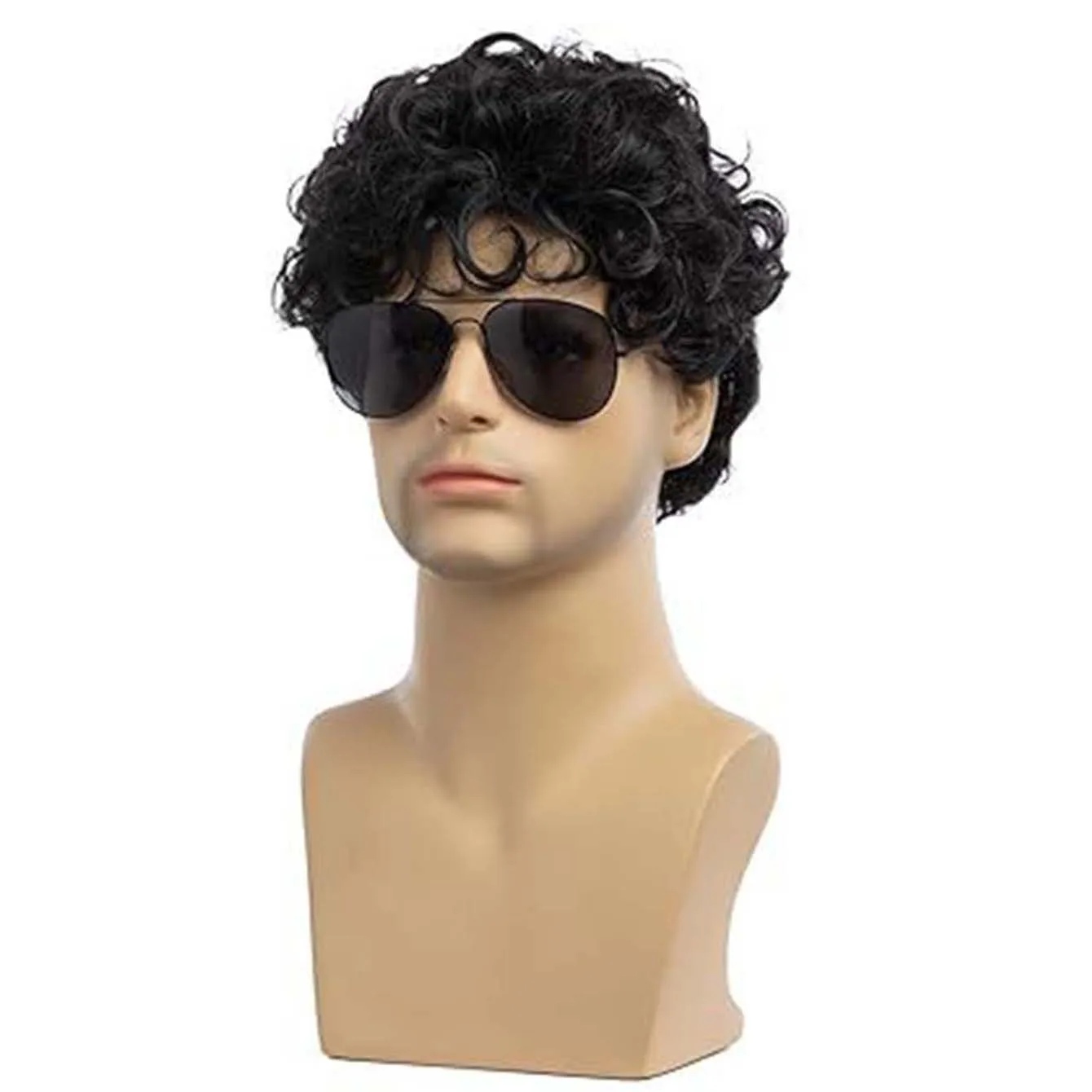 Pelucas negras cortas sintéticas con flequillo para hombres, cabello rizado esponjoso, resistente al calor diario, peluca masculina transpirable
