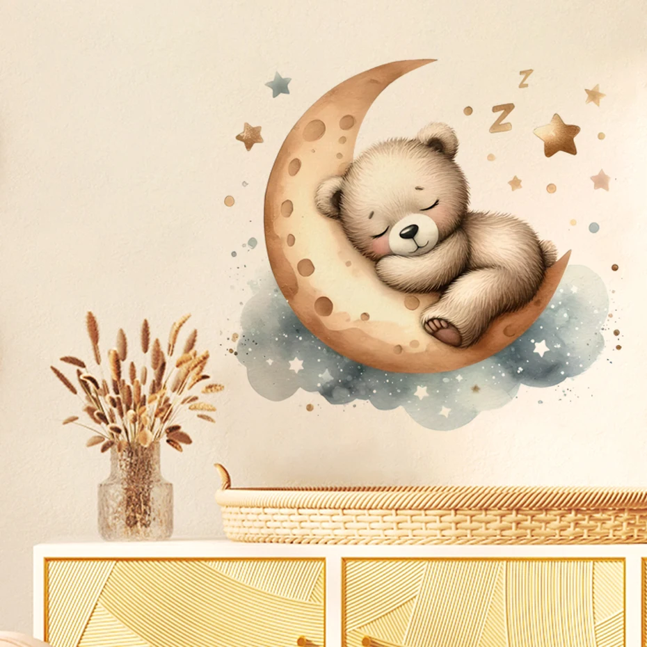 Watercolor Cartoon Teddy Bear Cloud Stars Balloon Wall Stickers for Kids Room Baby Room Decoration Wall Decals Room