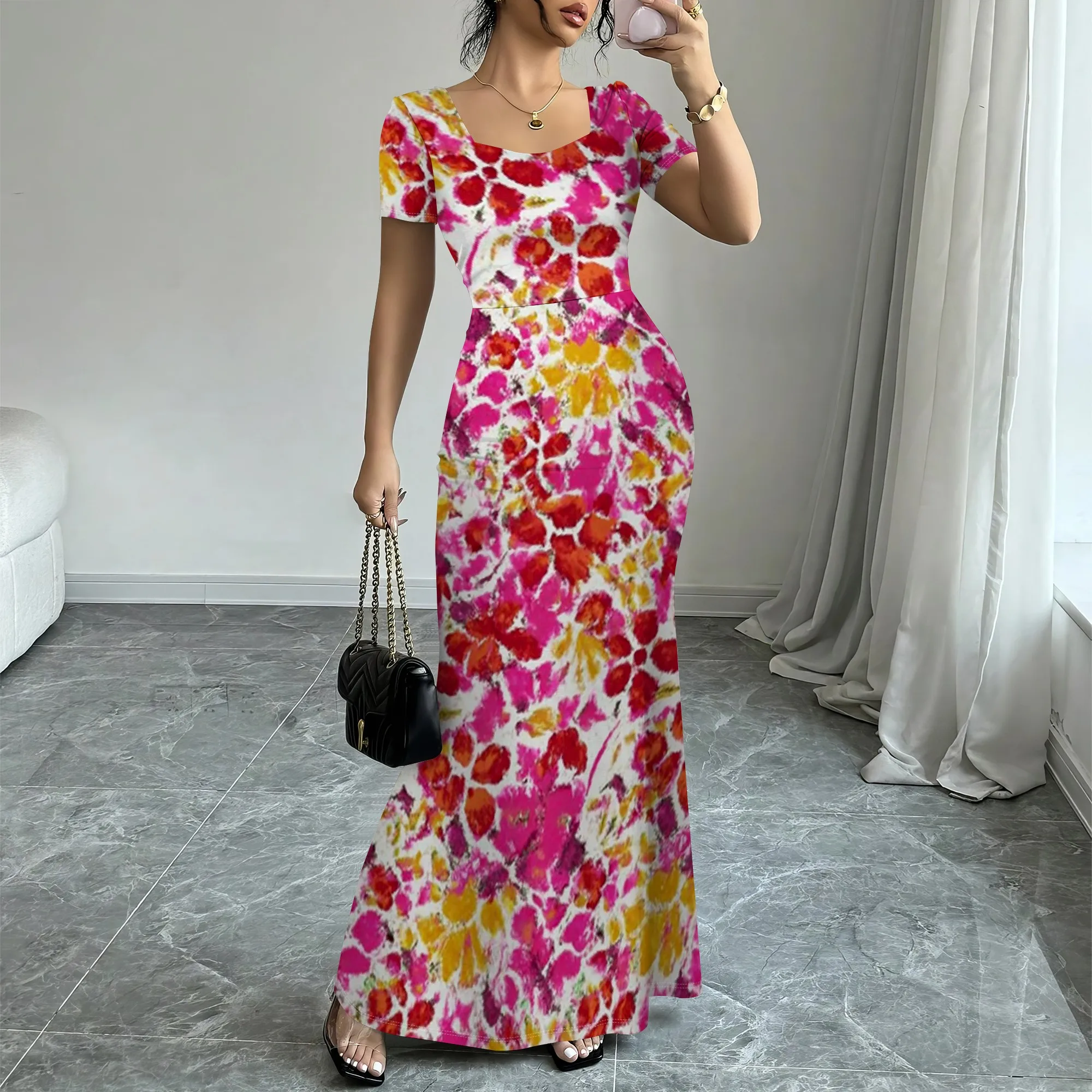 

Women's Watercolor Floral Print Bodycon Maxi Dress Short Sleeve Scoop Neck Pink Yellow Summer Beach Party XS-3XL