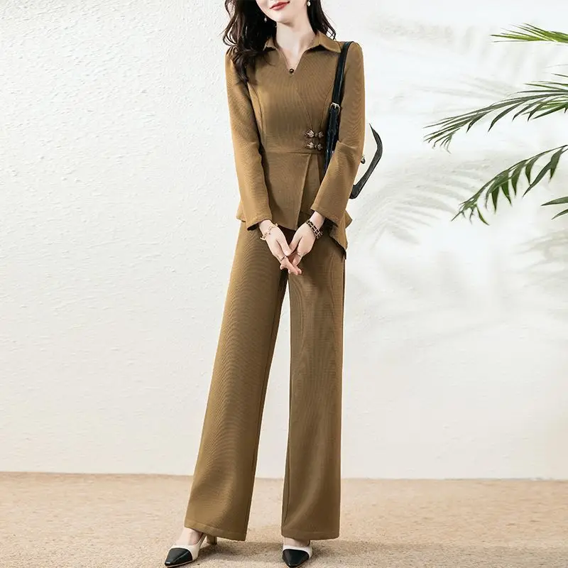 

2024 Buttons Casual Elegant All-matching Sets Femme Irregular Solid Color Long Sleeve Polo-Neck Blouse Wide Leg Pant T613