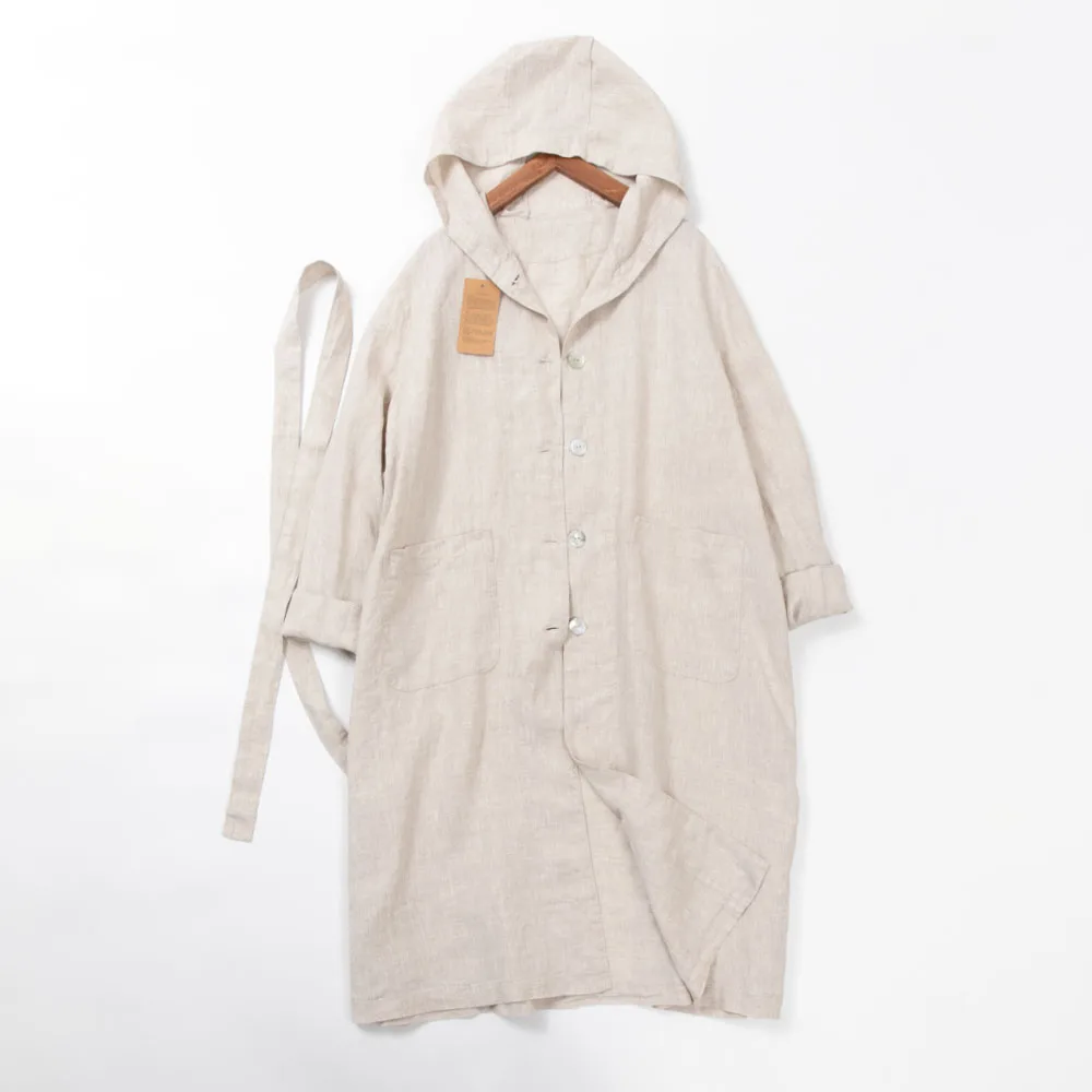 120cm Bust / Spring Autumn Women All-match Loose Plus Size Japanese Style Comfortable Water Washed 14*14 Linen Trench Coats